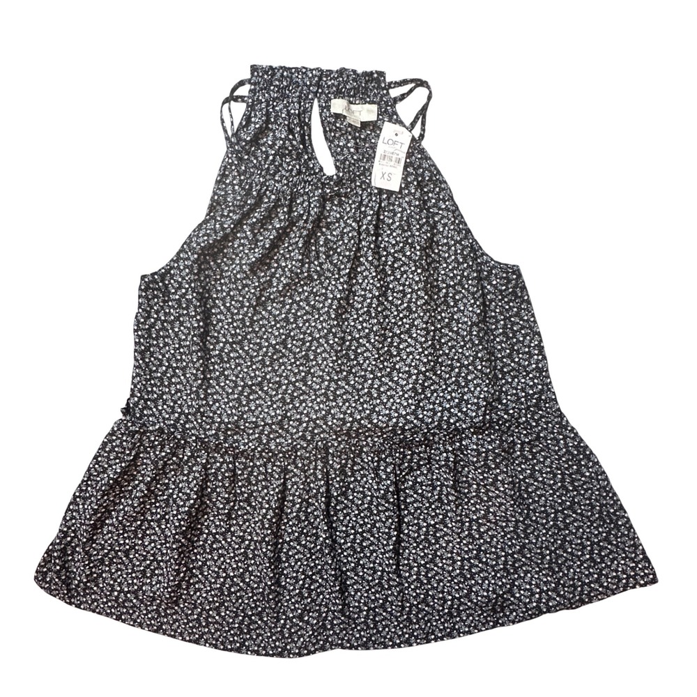 Loft Outlet Top Womens XS Black Floral Halter Peplum Smocked Sleeveless Blouse